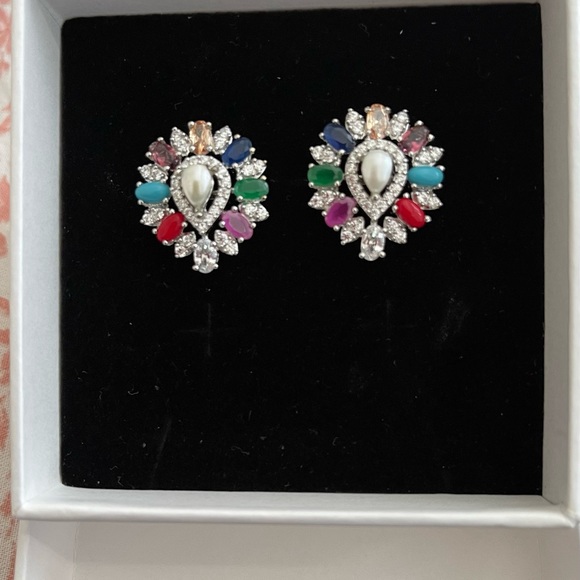 14k White Gold Plated 9 stone Earring - Picture 3 of 6